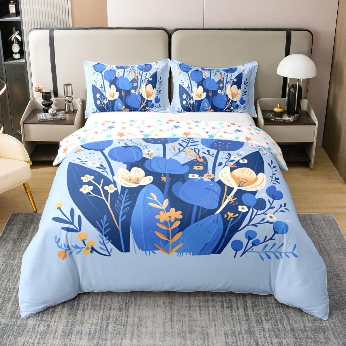 Erosebridal Spring Floral Bedding Set Full Blue Flowers 100% Cotton Duvet Cover Blue Botanical Garden Comforter Cover for Kids Girls Boys Adults Floral Branches Pastoral Bedclothes 3 Pcs