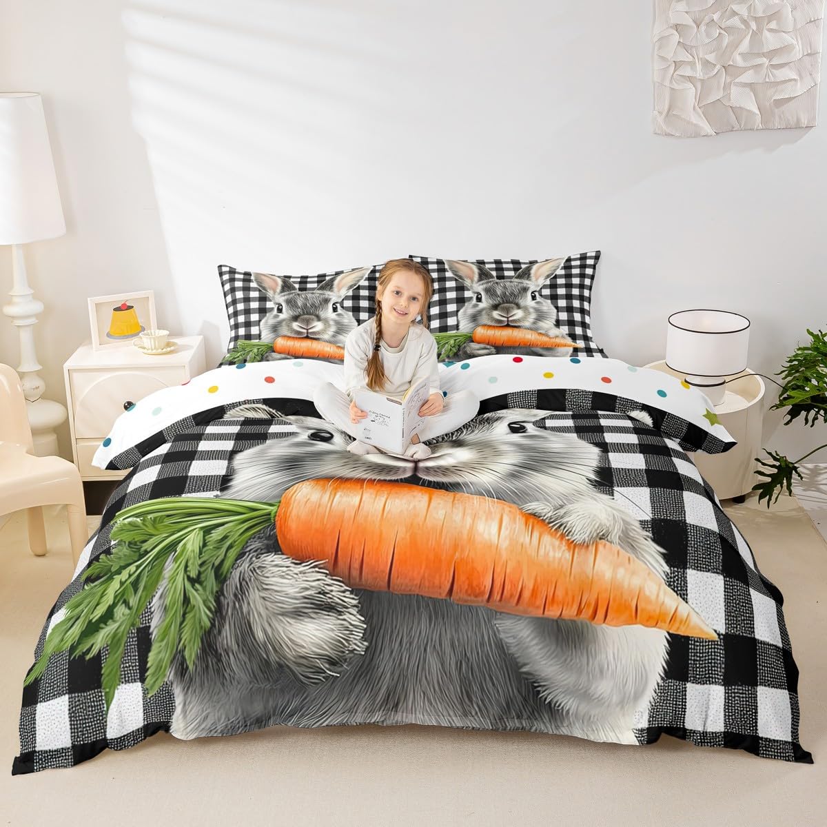 Rabbit Duvet Cover Black and White Lattice Buffalo Checkered Grid Bedding Set Easter Decorations for The Home,Cute Animal Plaid Comforter Cover Queen,Kawaii Room Decor Easter Gifts for Kids