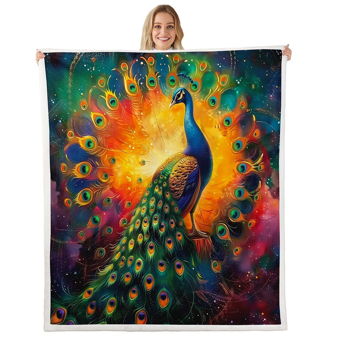 Erosebridal Peahen Fleece Blanket Watercolor Peacock Feather Sherpa Blanket 90"x90", Rustic Aesthetic Animal Jungle Woodland Animals Fuzzy Plush Throw
