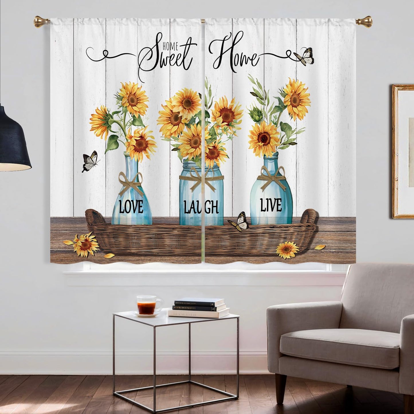 Cizuug Farmhouse Sunflower Kitchen Curtains Rustic Flower Inspirational Small Short Cafe Window Curtains Wooden Country Bathroom Living Room Bedroom Drapes Treatment 2 Panels