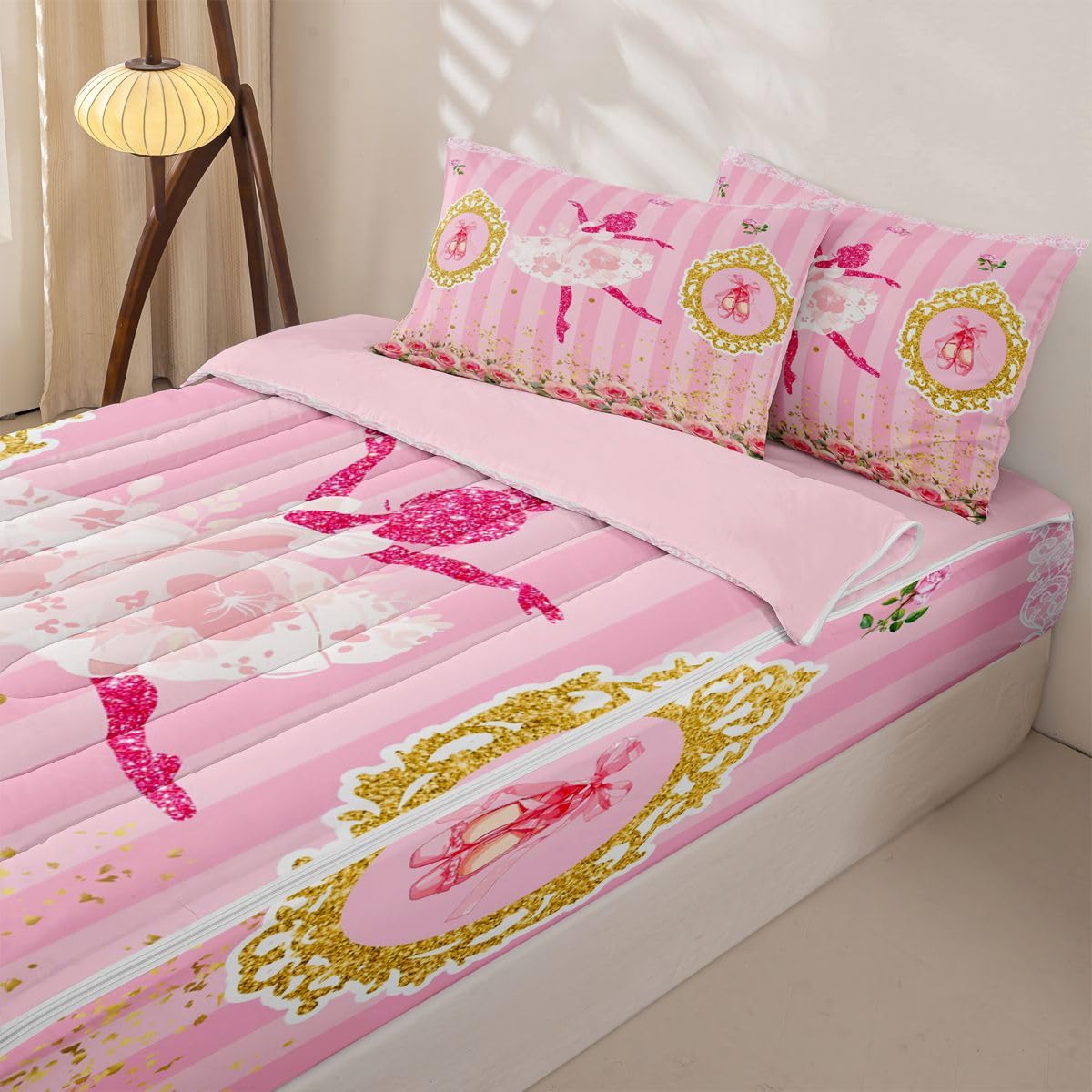 Feelyou Ballet Dancer Queen Comforter Set with Fitted Sheet for Girls Boys Kids Ballet Shoes Comforter Room Decorbotanical Floral Zipper Bedding Sets Glitter Gold Pink Bed in A Bag Room Decor Boys
