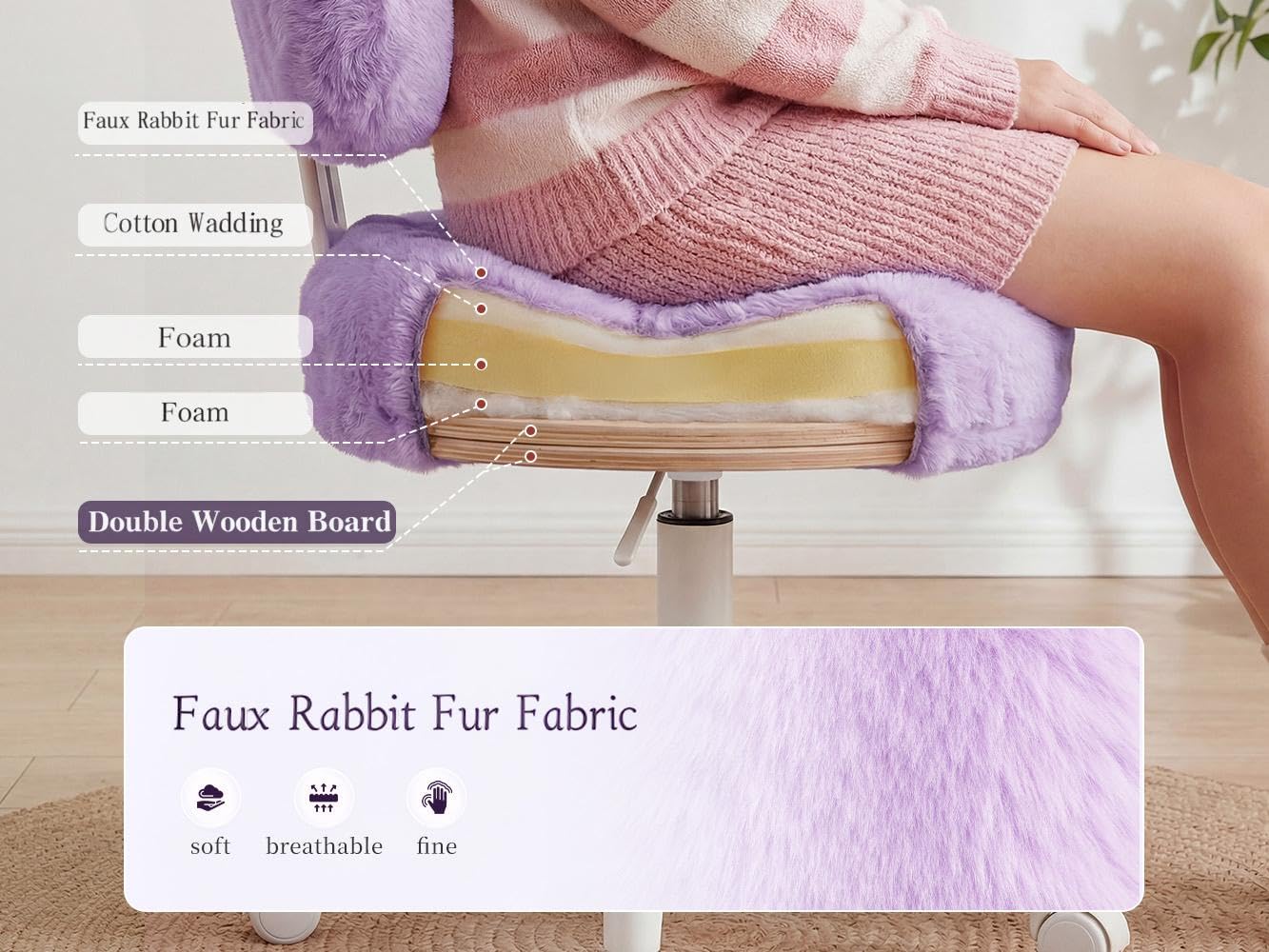 Homkdom Vanity Chair with Wheels, Cute Desk Chair with Bow Backrest, Fluffy Faux Rabbit Fur Small Office Chair for Vanity, Make-up Room, Bedroom, Dorm, Height Adjustable, Purple