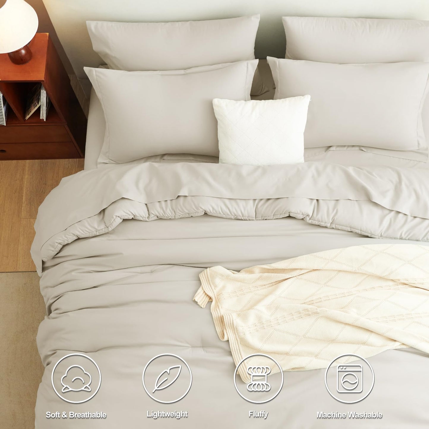 CozyLux Queen Comforter Set Beige, 7 Pieces Bed in a Bag Queen Comforter Set with Sheets, Luxury Soft Bedding Sets with Down Alternative Comforter, Fitted Sheet, Flat Sheet, Pillowcases & Shams
