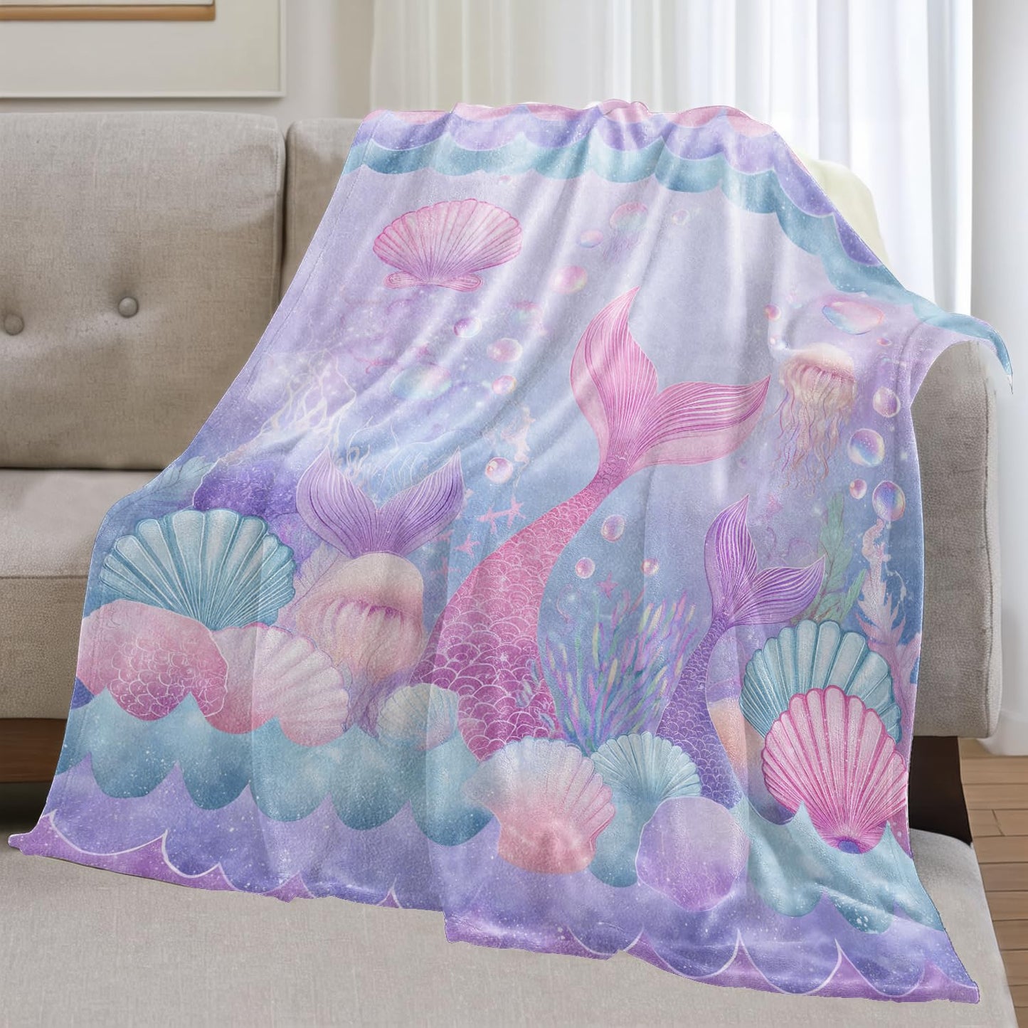olpddz Mermaid Tail Flannel Blanket Gifts for Girls Fairy Dreamy Lover,60x50inch,Fantasy Ocean Throw Blankets with Seashell and Jellyfish,for Bedroom,Sofa,Living Room,Camping Decor Throws