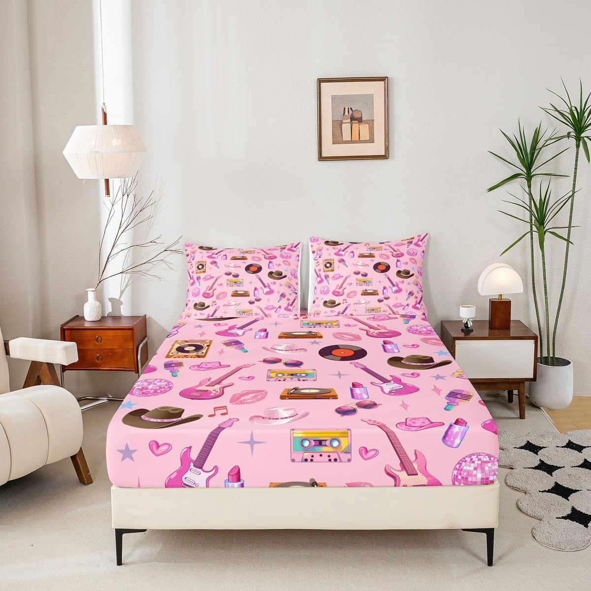 jejeloiu Girls Music Bed Sheets Pink Guitar Cat Western Cowgirl Bedding Set Full Size Fashion Women Singer Bed Cover Pink Room Decor Lightweight Deep Pocket Fitted Sheet (No Top Sheet)