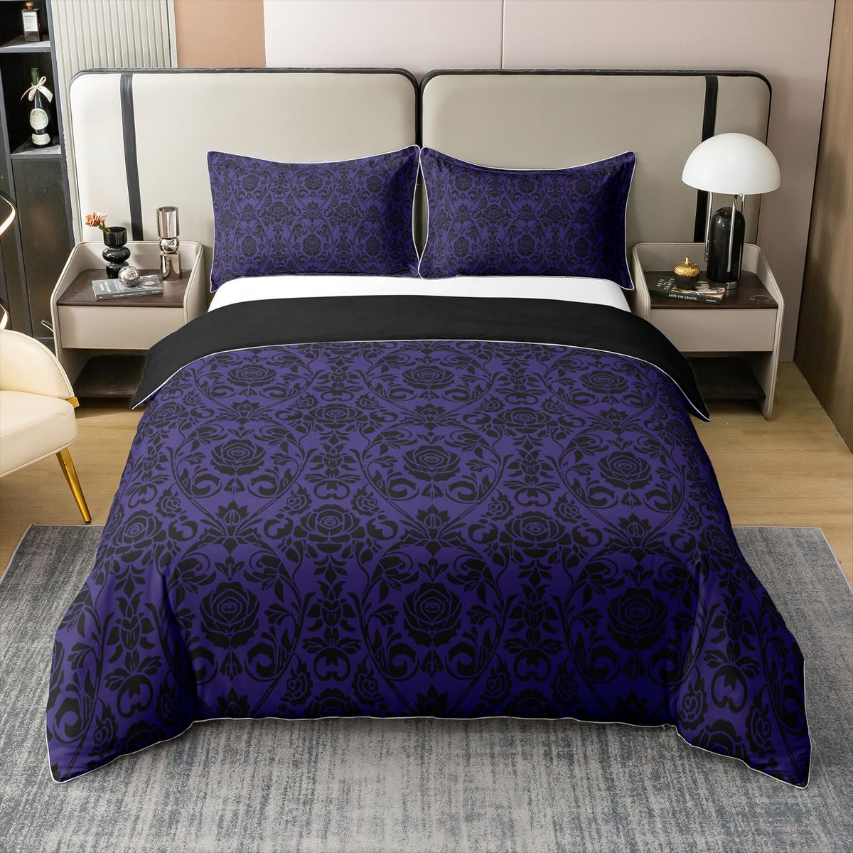 jejeloiu Boys Girls Rose Duvet Cover 100% Cotton Queen Size, Jacquard Damasks Bedding Set Luxury Royal Blue Jacquard Comforter Cover Kids Boho Style Teens Bedroom Decor Quilt Cover（No Comforter）