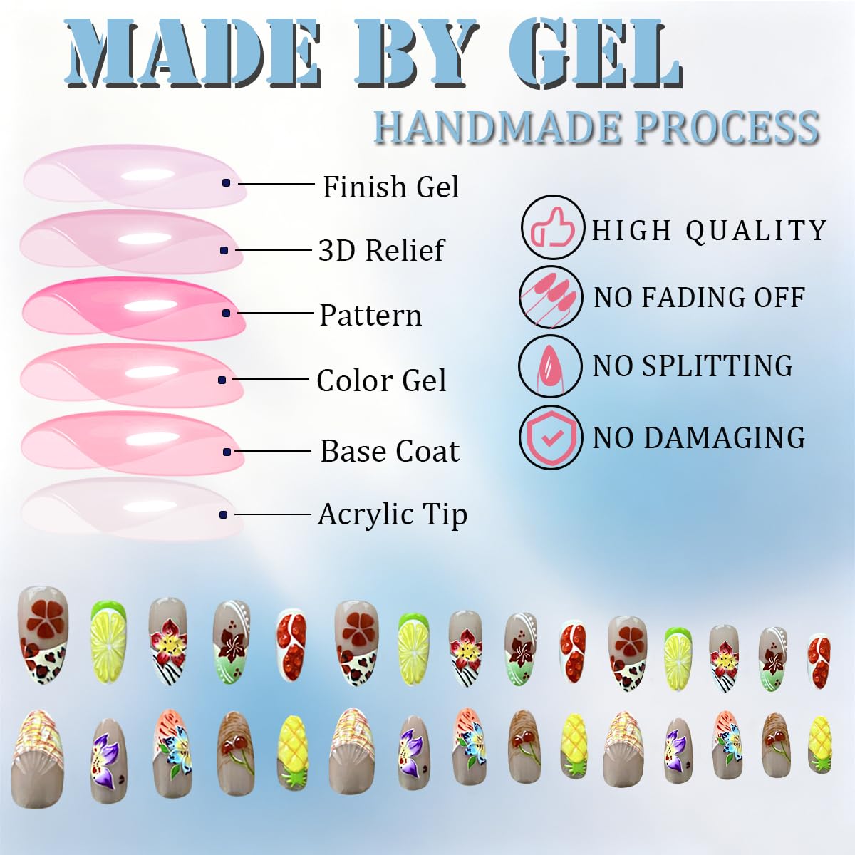 3D Press On Nails Almond Medium French Fake Nails with Embossed Flower&Fruit Summer Designs, Acrylic Artificial Nail Press ons False Stick On Nails for Women Girls 30Pcs