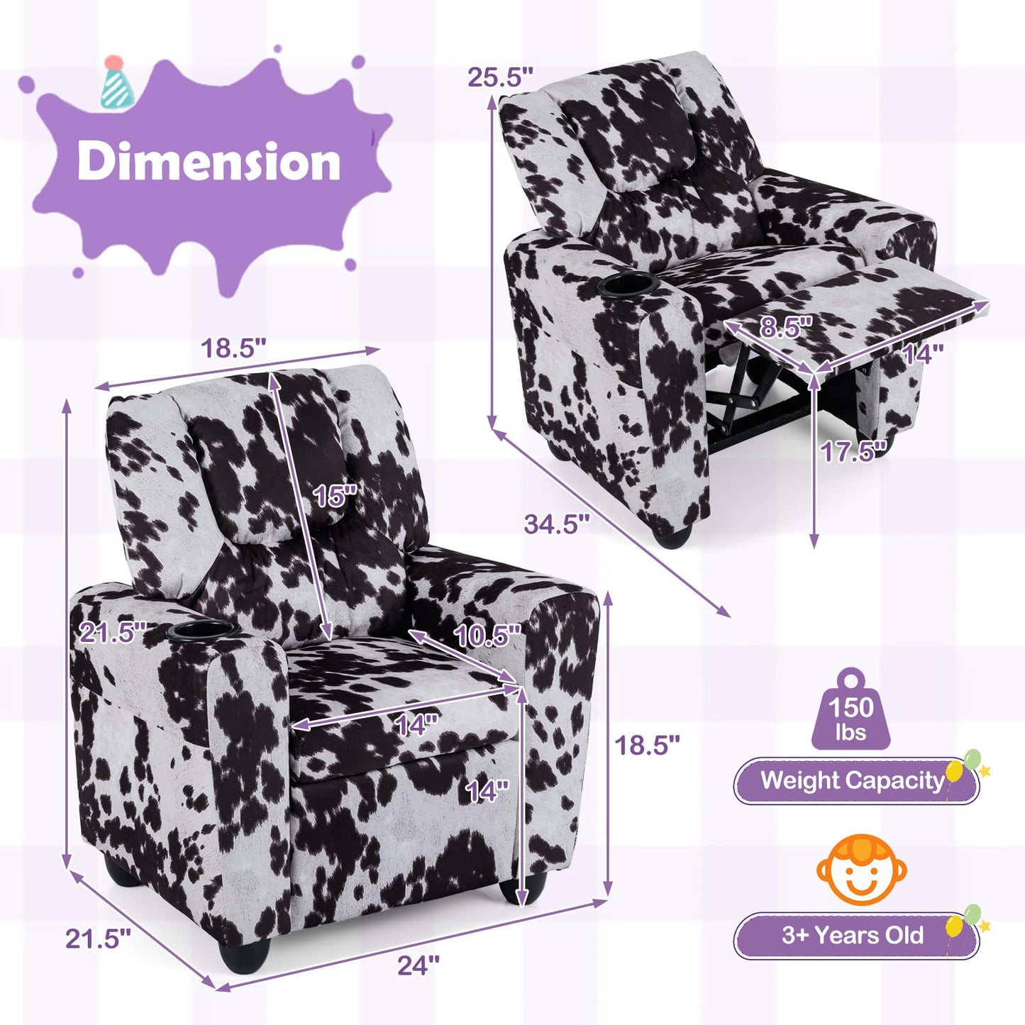 Costzon Kids Recliner Chair with Cup Holder, Toddler Adjustable Lounge Chair w/Footrest for Boys Girls Room, Ergonomic Baby Child Furniture Sofa for Age 3+ Gifts, Kids Mini Recliner up to 150 lbs