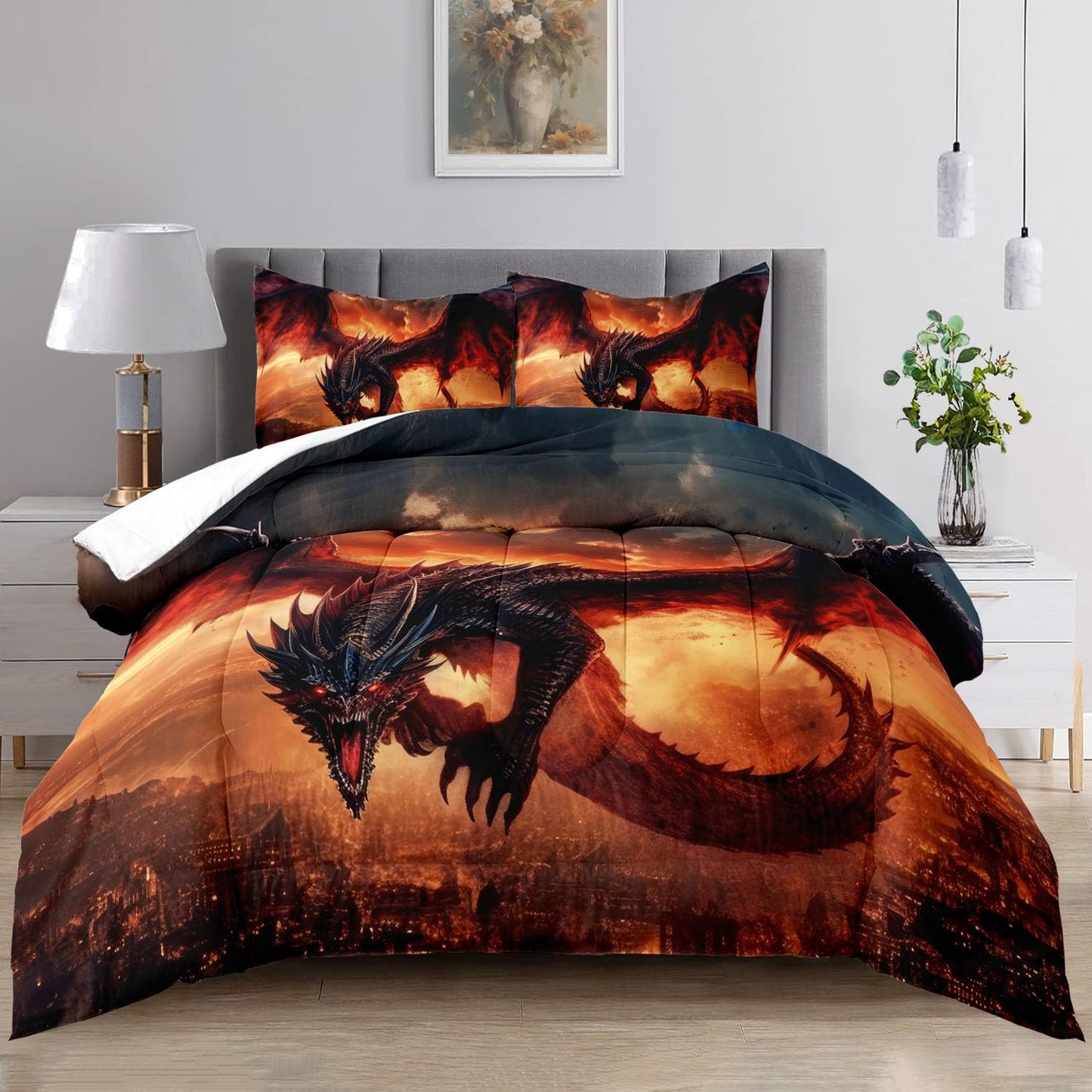 Raphus Cucullatus Dragon Comforter Set - Twin Size, Ancient Wild Animal Dragon Pattern Bedding for Boys