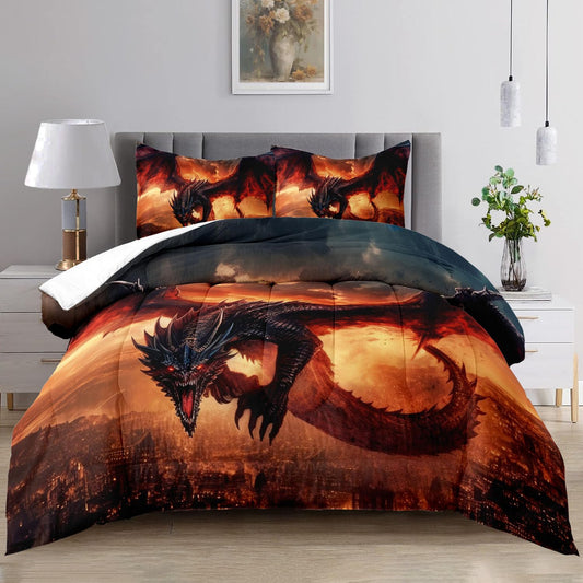 Raphus Cucullatus Dragon Comforter Set - Twin Size, Ancient Wild Animal Dragon Pattern Bedding for Boys