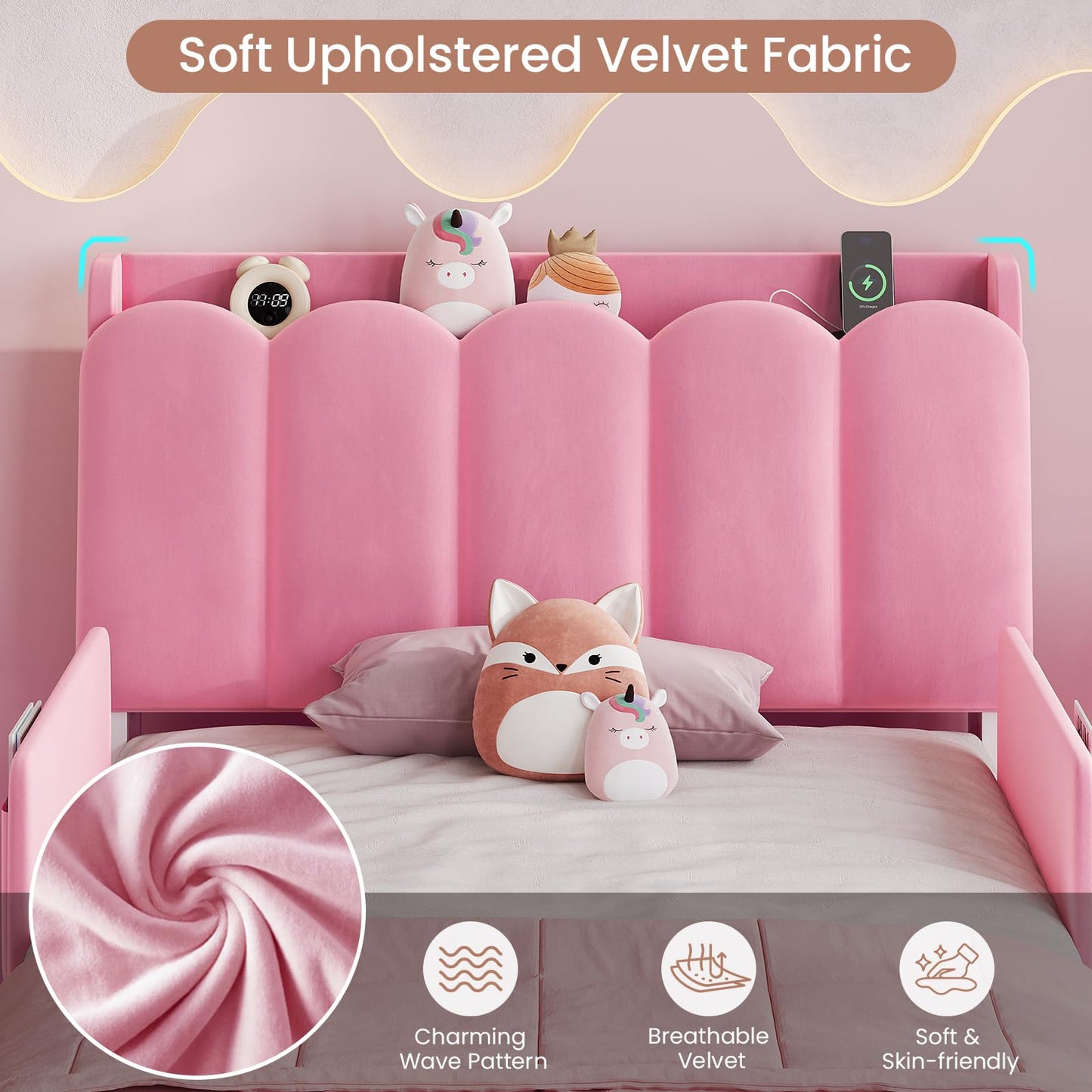 DICTAC Twin Size Princess Bed Frame with Storage Drawer and Safety Guardrails, LED Velvet Upholstered Platform Bed for Girls with Wavy Storage Headboard,Charging Station,Heavy Duty Metal Support, Pink