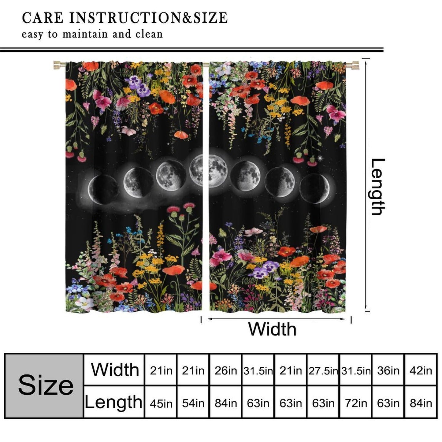 Moonlit Boho Floral Curtains,Garden Moon Phase Plants Flowers Village Art Print Window Drapes for Bedroom Living Room Kitchen Cafe （W20xL45 Inch） x2 Decor