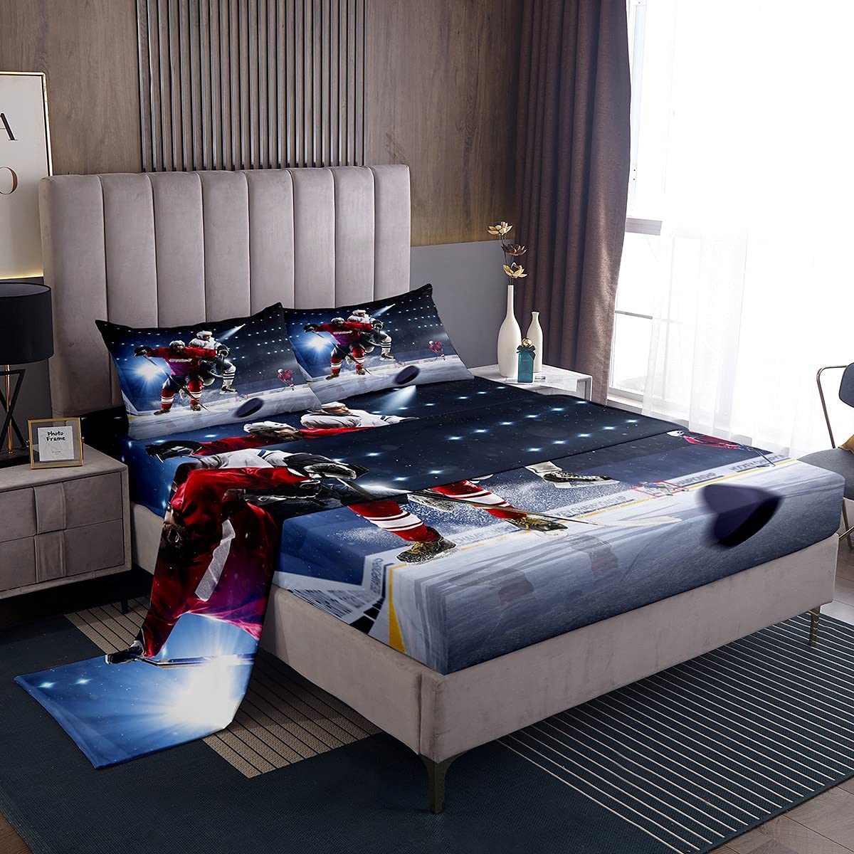 Erosebridal Ice Hockey Sheet Set Full Size Hockey Player Bedding Set for Boys Teens Girls Sports Game Event Fitted Sheet Youth Kids Soft Microfiber Winter Sports Bedroom Decorative