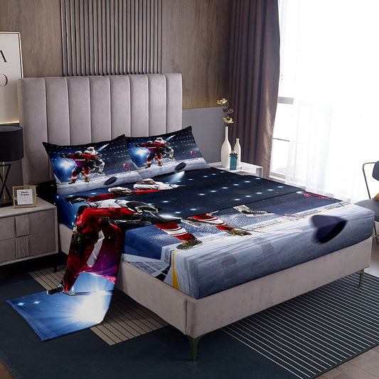 Erosebridal Ice Hockey Sheet Set Full Size Hockey Player Bedding Set for Boys Teens Girls Sports Game Event Fitted Sheet Youth Kids Soft Microfiber Winter Sports Bedroom Decorative