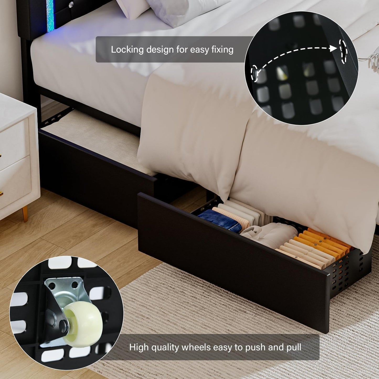BarnFurin Twin Bed Frames with LED Lights and Storage Drawers, Upholstered Bed Frame with Diamond Headboard, Faux Leather Modern Platform Bed, Wooden Slats Support, No Box Spring Needed, Black