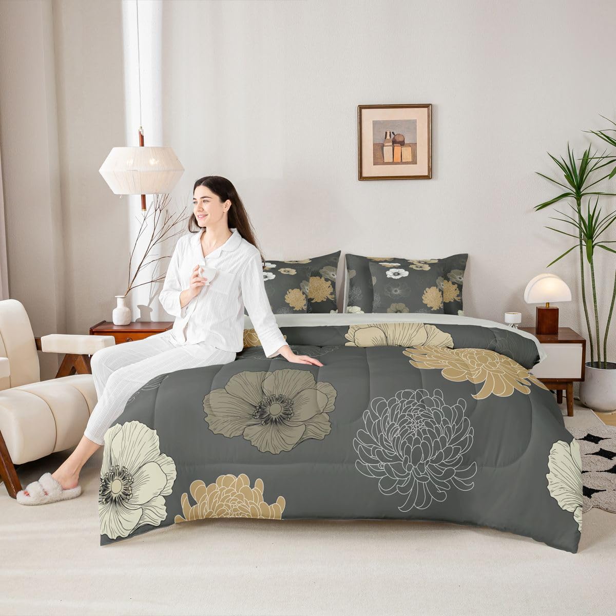 Feelyou Floral Flower 7 Piece Bedding Set Grey Brown Comforter Set with Sheets for Kids Boys Girls Poppy Flower Hydrangea Bed in a Bag Damask Print Bed Set Soft Lightweight