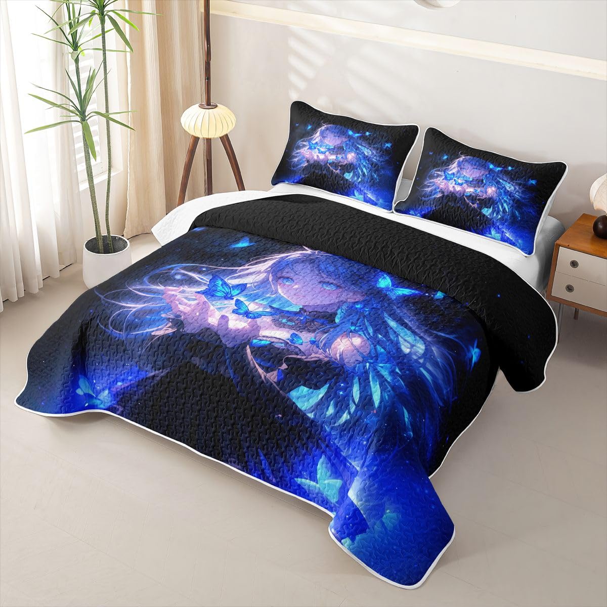 Erosebridal Japanese Girl Quilt Twin Size - Anime Gifts Bedspread Butterfly Decorations Bed Coverlet with 1 Pillowcase