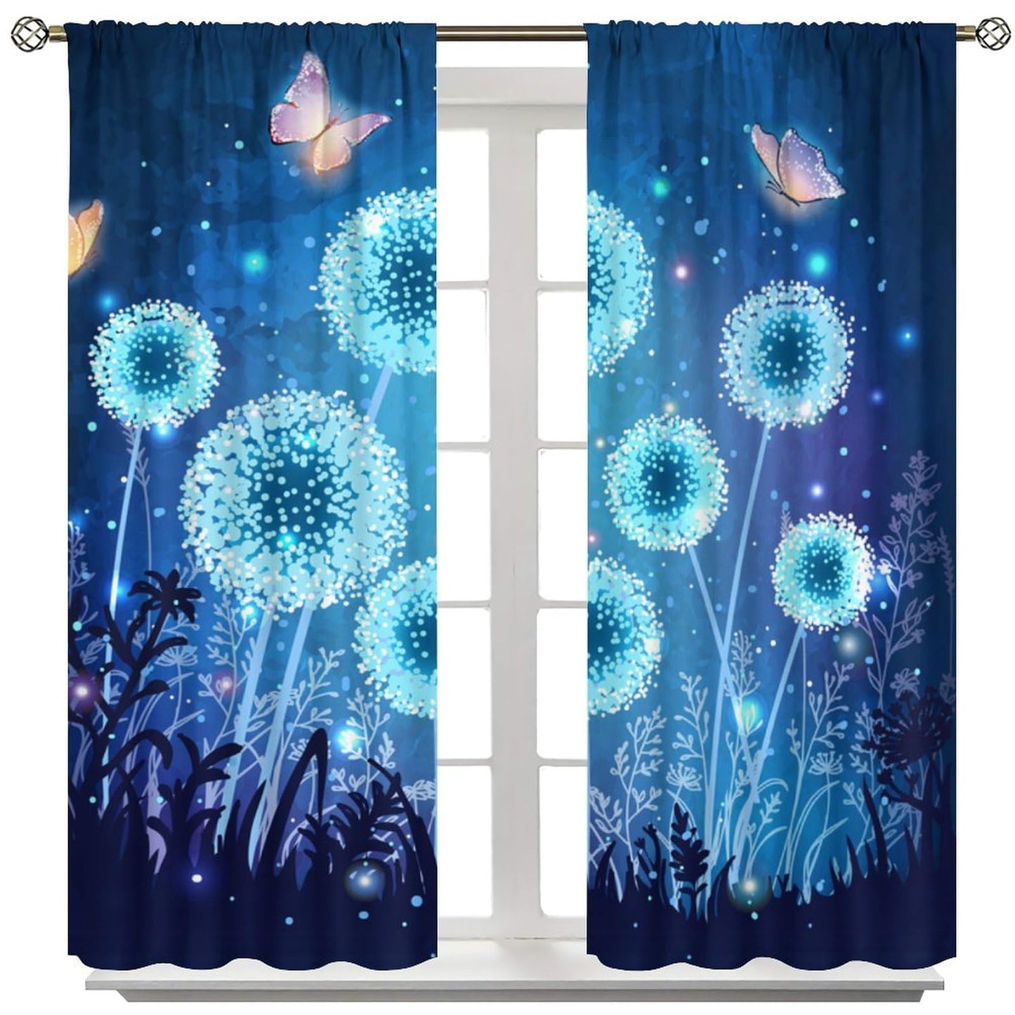 DDCBNS Fantasy Nature Window Curtains,Magical Garden Dandelion Window Treatments for Bedroom Living Room Nature Scenery Butterfly Print Drapes 2 Panels Set,Total Size 42 x 45 Inch