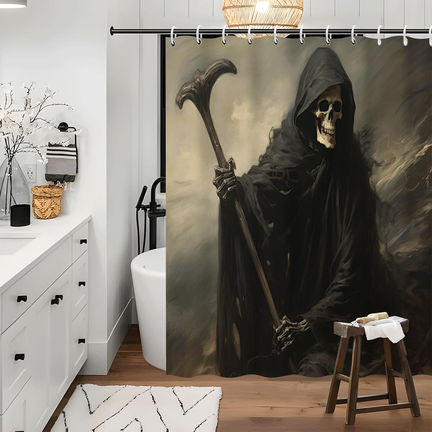 ZROLUW Skeleton Black Ghost 3D Shower Curtains 36" W x 72" L Gothic Skull Printed Waterproof Bathroom Curtain Fabric with Hook