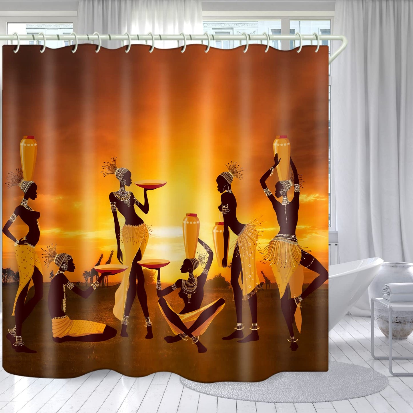 LYFANS Waterproof Shower Curtain Set Bathroom Orange African Tribal Print, Beautiful Wide Fabric Bathroom Curtain Bathtub Privacy Shower Curtains, 12 Hooks and 79 X 72 Inch Shower Curtain.