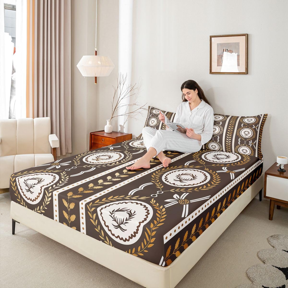 Erosebridal Geometric Paisley Bed Sheets Set Full Rustic Aztec Western Sheet Set Bohemian Geometric Sheets Vintage Tribal Flat Fitted Sheet