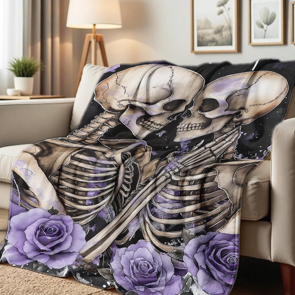 HUNXIAOJ Skeleton Couple Print Blanket Dark Romantic Flannel Throw Gothic Halloween Decor Skeleton Love Gifts for Adults Wedding Anniversary Blanket (49"x59")