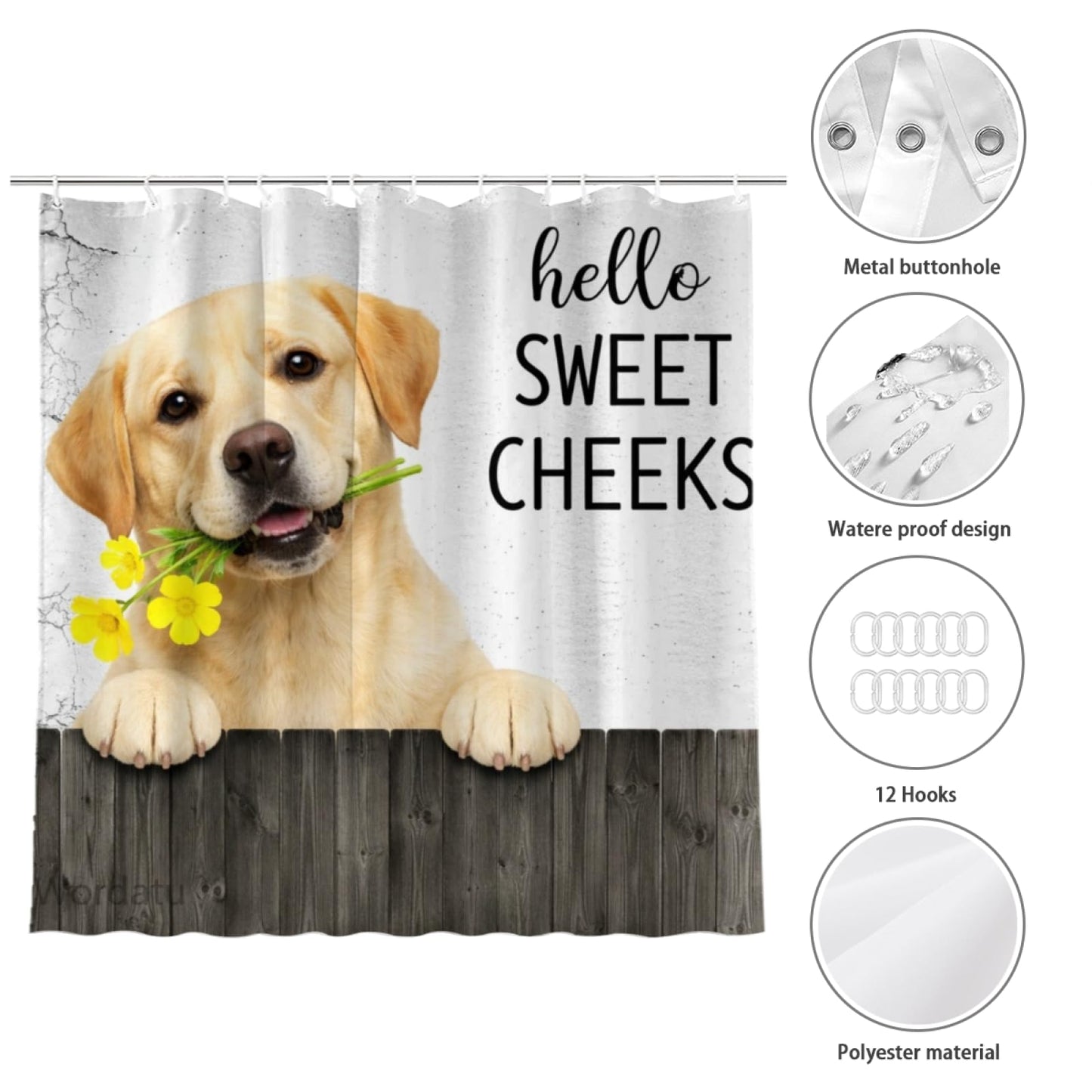 Wordatu Funny Labrador Retriever Dog Shower Curtain, Fence Bathroom Decor, Waterproof Polyester Fabric 72x72 Inch with 12 Hooks(24897)