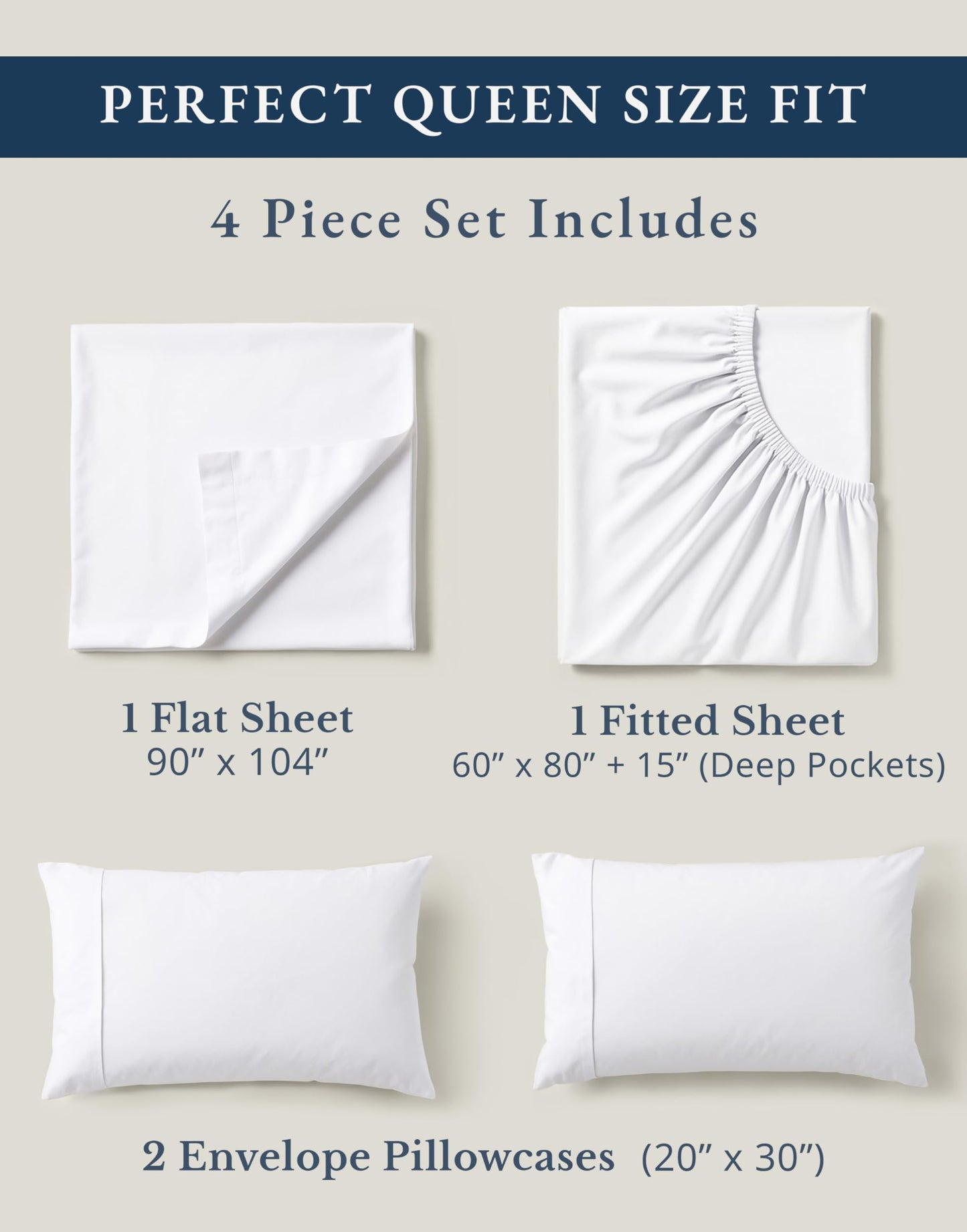 LANE LINEN Queen Sheets 100% Organic Cotton GOTS Certified Percale Weave Deep Pocket 4 Piece Soft Breathable Cooling Lightweight All Season Machine Washable Crisp - White
