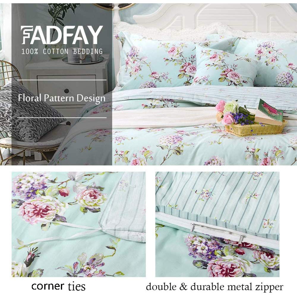 FADFAY Cotton Duvet Cover Set Full Size Blue Floral Bedding Set Super Soft Purple Hydrangea Flower Print Reverse to Striped Zipper Bed Cover French Countryside Girls Bedding 3 Pcs, Full
