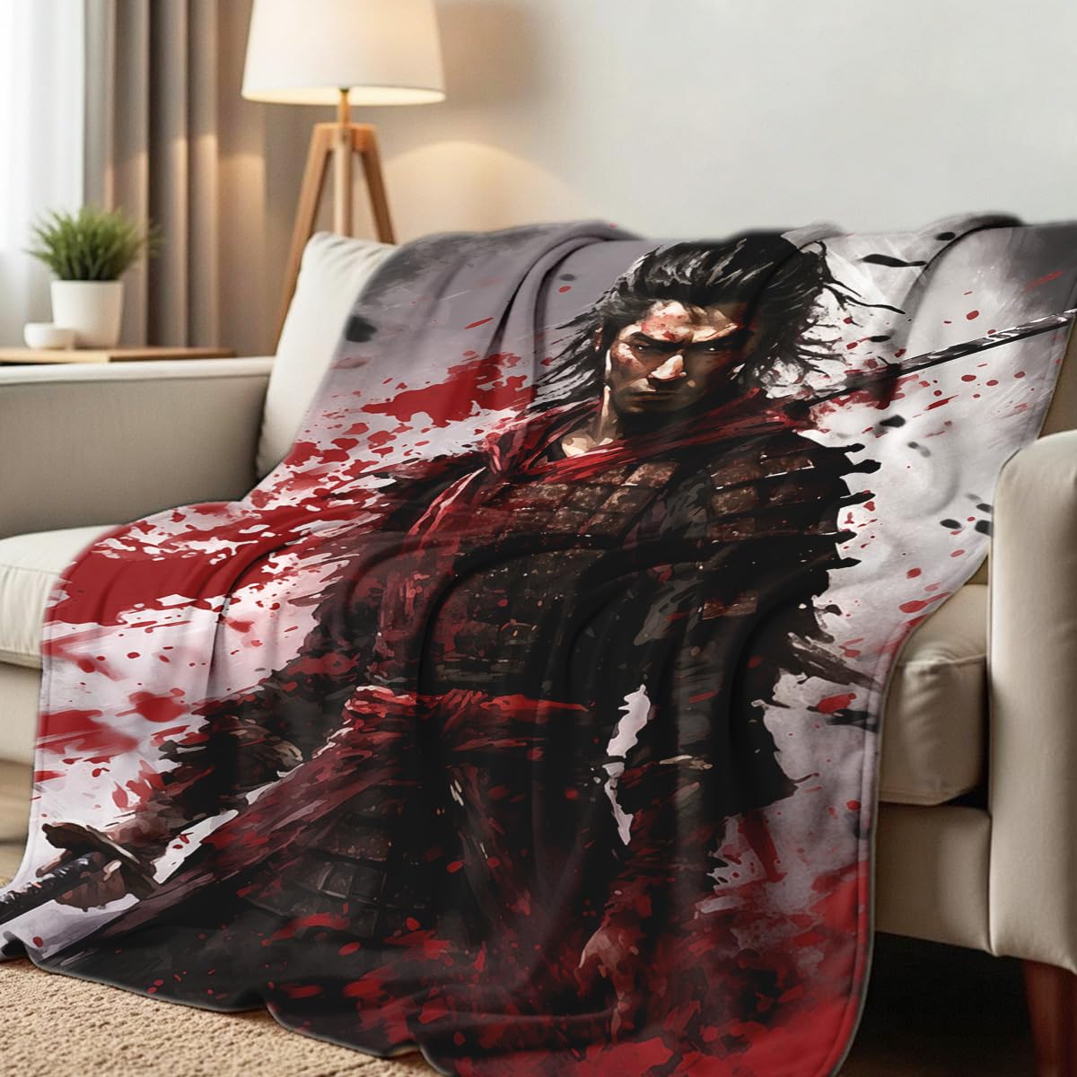 HUNXIAOJ Samurai Blanket and Throw Japanese Print Blanket Black and Red Armored Warrior Bushido Decor Flannel Japanese Theme Gifts for Boys Men Kids Adults (59"x78")