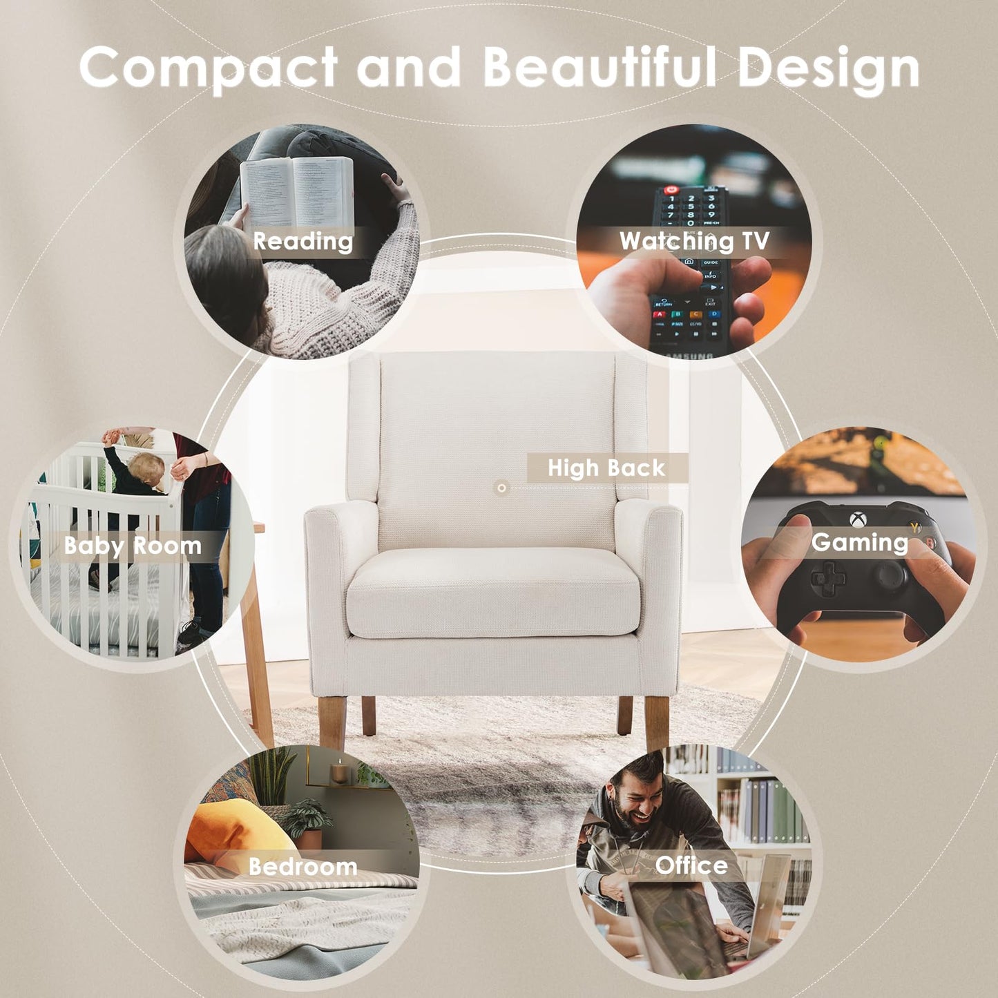 COLAMY Modern Wingback Living Room Chair, Upholstered Fabric Accent Armchair, Single Sofa Chair with Lounge Seat and Wood Legs for Office/Bedroom/Reading Spaces, Beige