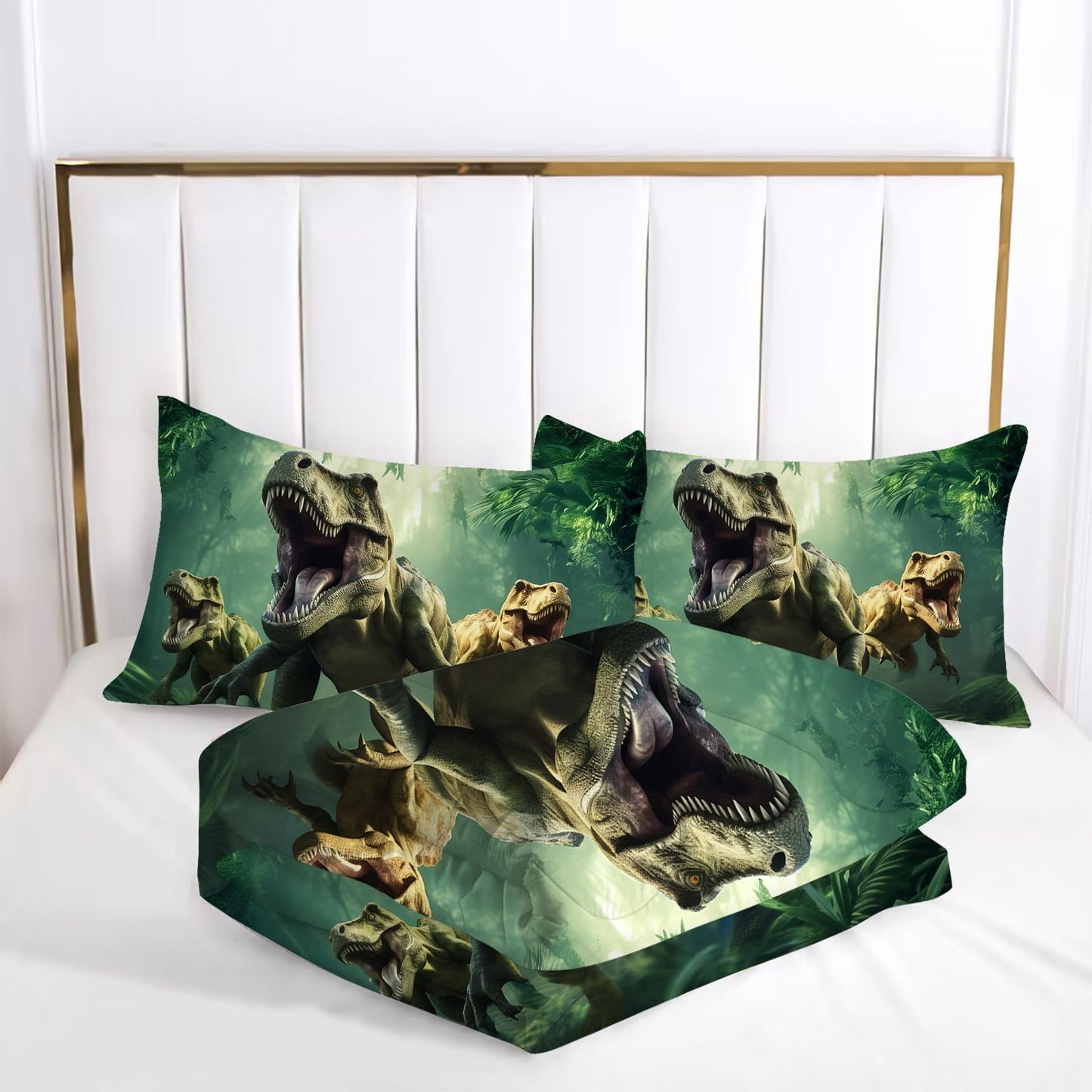 VTKON Kids Dinosaur Comforter Set Full Size for Boys Green Dino Quilt Set Soft Microfiber Dino Bed Set for All Season Use Dinosaur Bedding Set with 1 Comforter + 2 Pillowcases