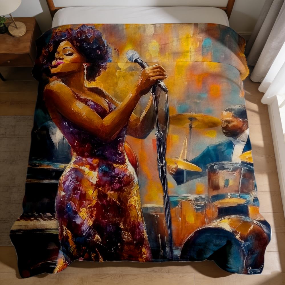 ZHOUSHUTONG African American Music Throw Blanket Black Music Print Super Soft Warm Cozy Flannel Blanket for Couch Bedroom Office Home Decor Gift for Music Lovers 49"x59"