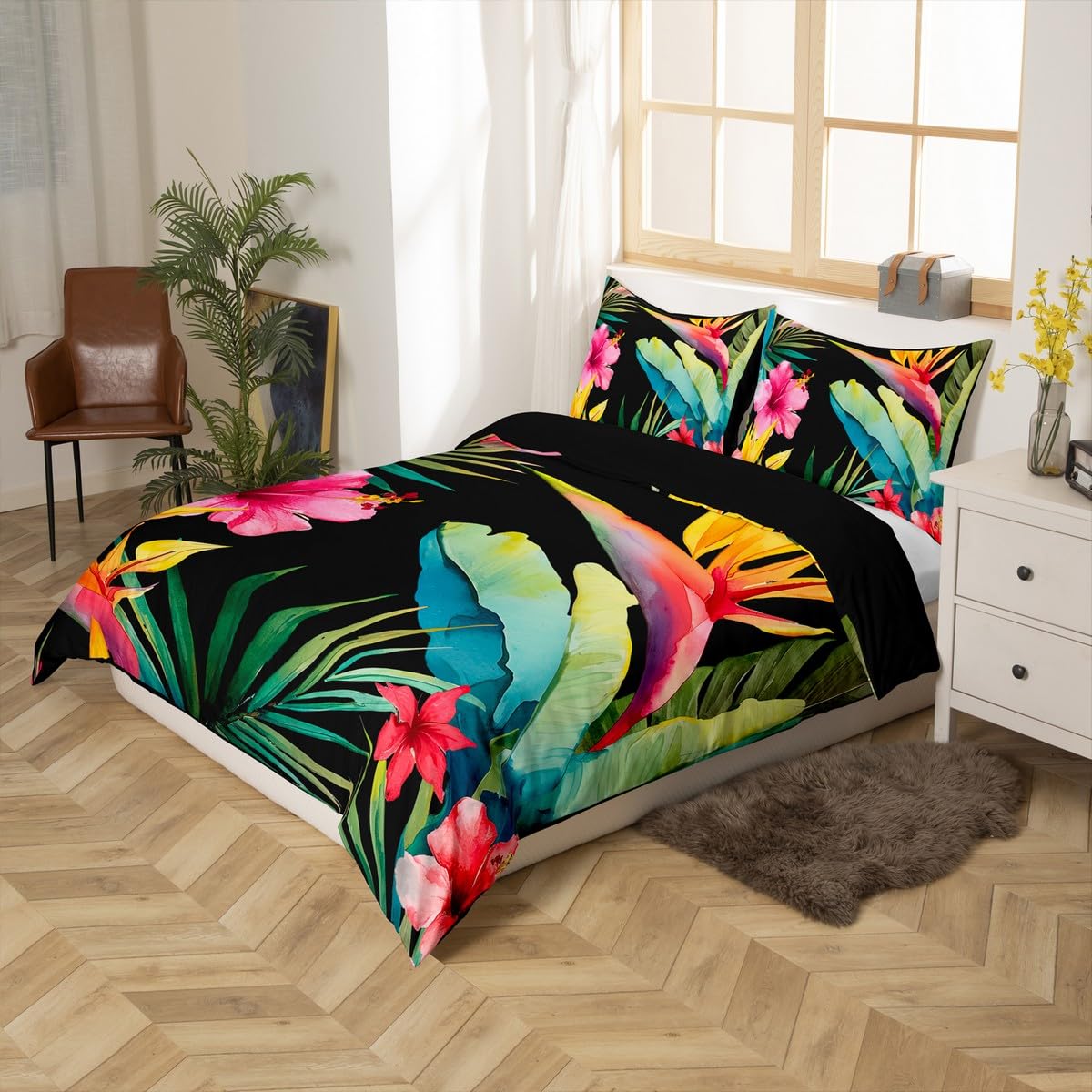 Erosebridal Tropical Duvet Cover Set Tree Bedding Sets for Kids Teens Green Plant Palm Leaves Duvet Cover Set Jungle Botanical Leaf Quilt Bed Cover with 2 Pillow Cases for Bedroom Decor,King