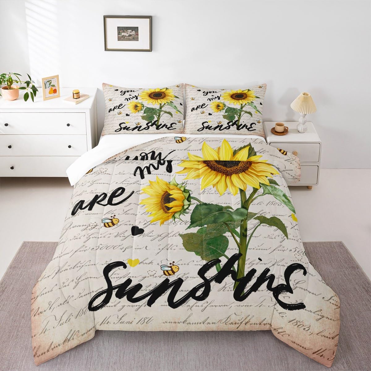 Sunflower Bedding Set Twin Size,Black Sketch Sunshine Graffiti Comforter Set 2pcs for Kids Teens Adults Home Room Decor,Rustic Farmhouse Bee Quilt Set Nature Plants Animals Duvet Insert