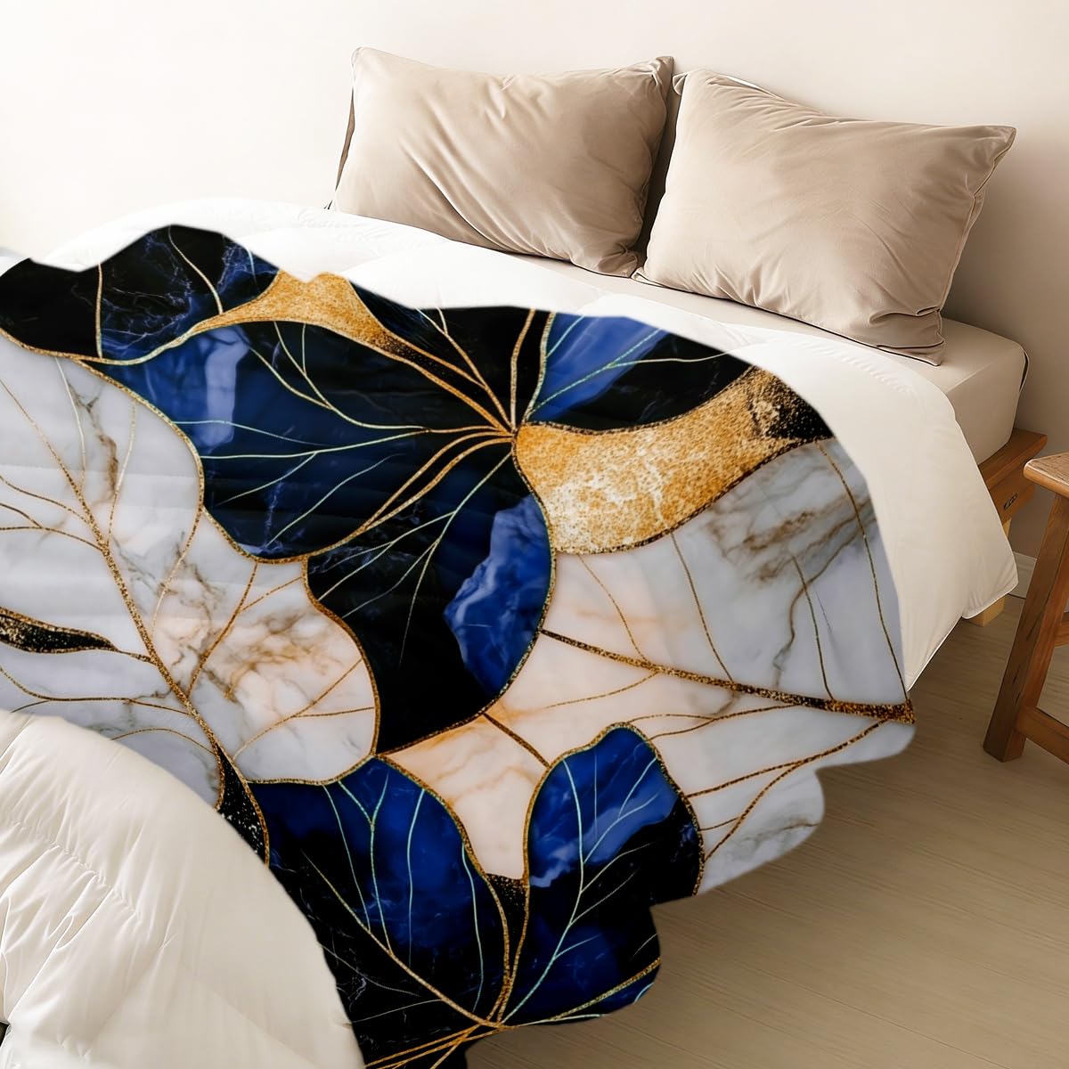HUNXIAOJ Tropical Blankets and Throws Tropical Plant Blanket for Couch Bed Room Home Decor Tropic Leaf Throws Blue Gold Botanical Decor Flannel Gifts for Women Adults Kids 49"x59"