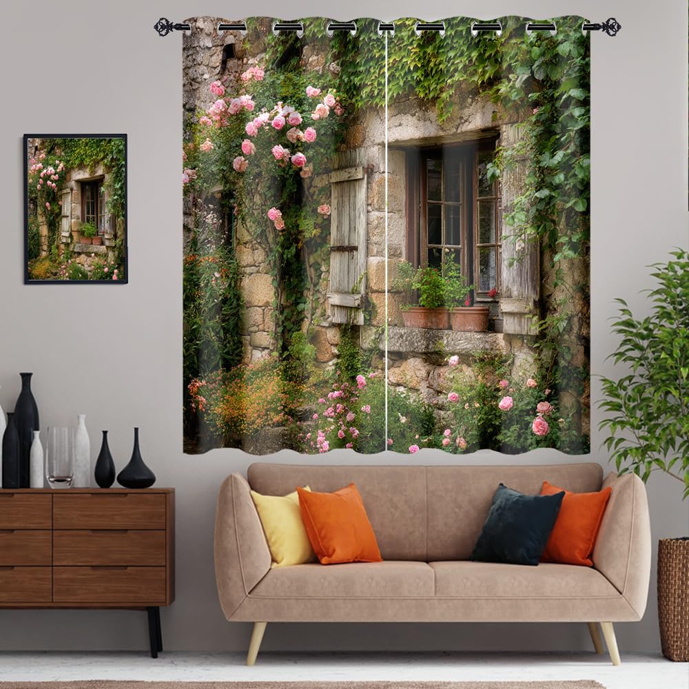 XSUPFLYM Retro Fantasy Stone House Window Perforated Curtains Modern Aesthetic Spring Garden Plant Ivy Flowers Print Thermal Curtains Suitable for Bedroom 2 Panels Each 21" W x 45" L