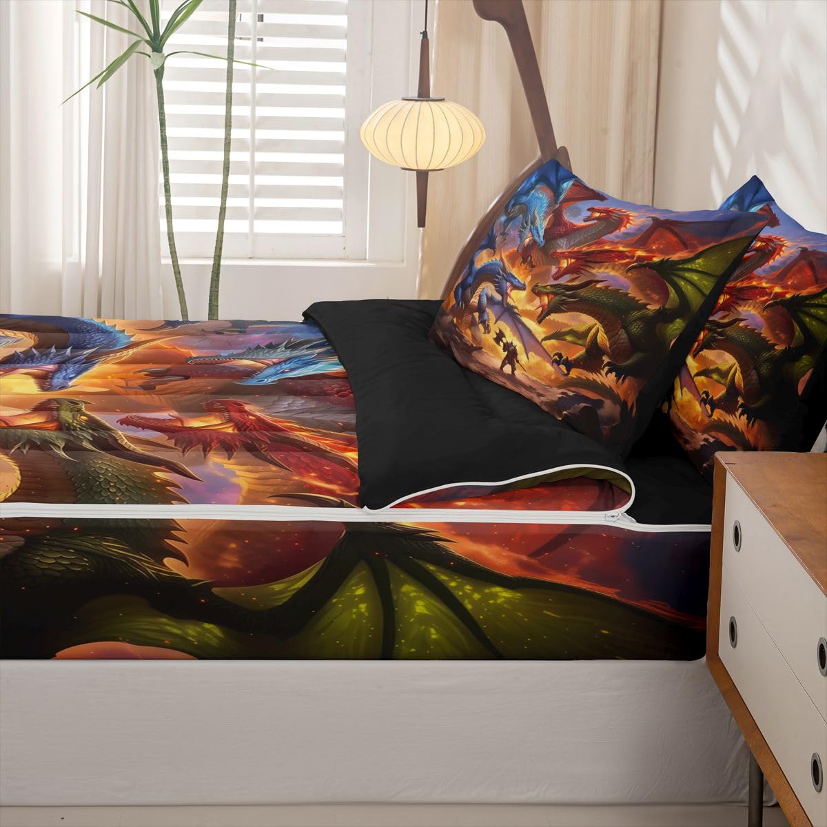 jejeloiu Dragon Zipper Bedding for Kids Twin Size Mysterious Animal Bed in a Bag with Sheets, Comforter, Pillowcases Ancient Wild Animal Comforter Set for Boys Girls Flying Dragon Beddingh Sets