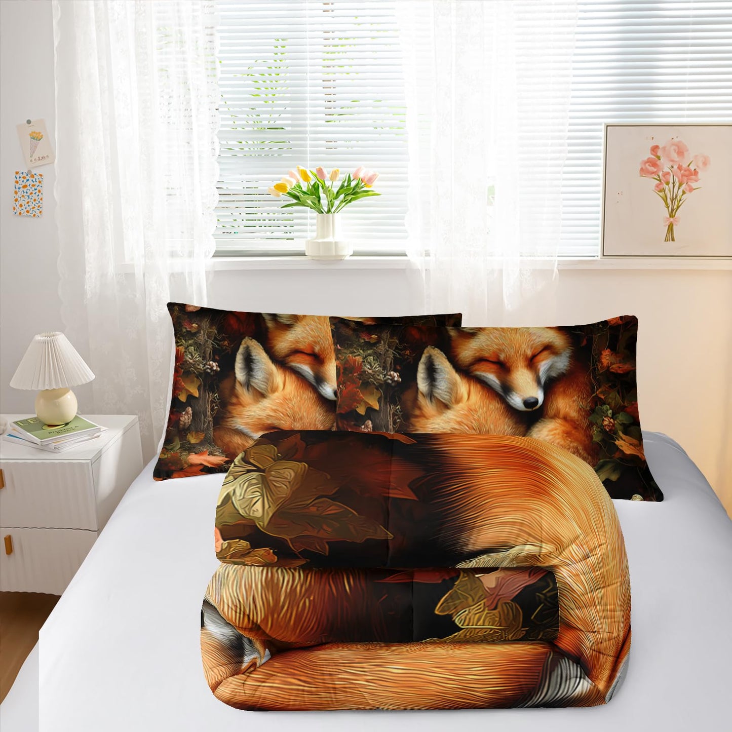 Nttopship Fox Comforter Set 3-Pieces Full Size,Cute Foxes Bedding Set for Kids Boys Girls Cute Animal Comforter Wildlife Quilt Set 3D Animal Plants Leaves Printed ThemeComforter with 2 Pillowcases