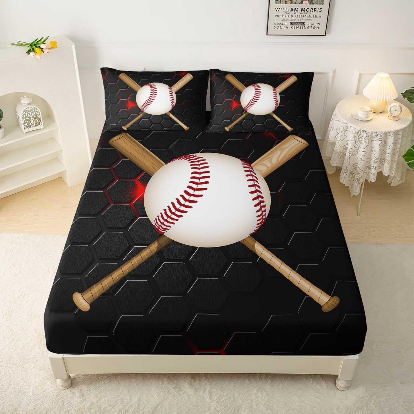 QOOMO Baseball Sheet Set,Honeycomb Kids Bed Sheets,Black Baseball 16" Deep Pocket Bed Sheet Set for Boys/Girls/Kids/Teens，4 Piece Sheet Set, 1 Fitted Sheet,1 Flat Sheet and 2 Pillowcases，Twin Size