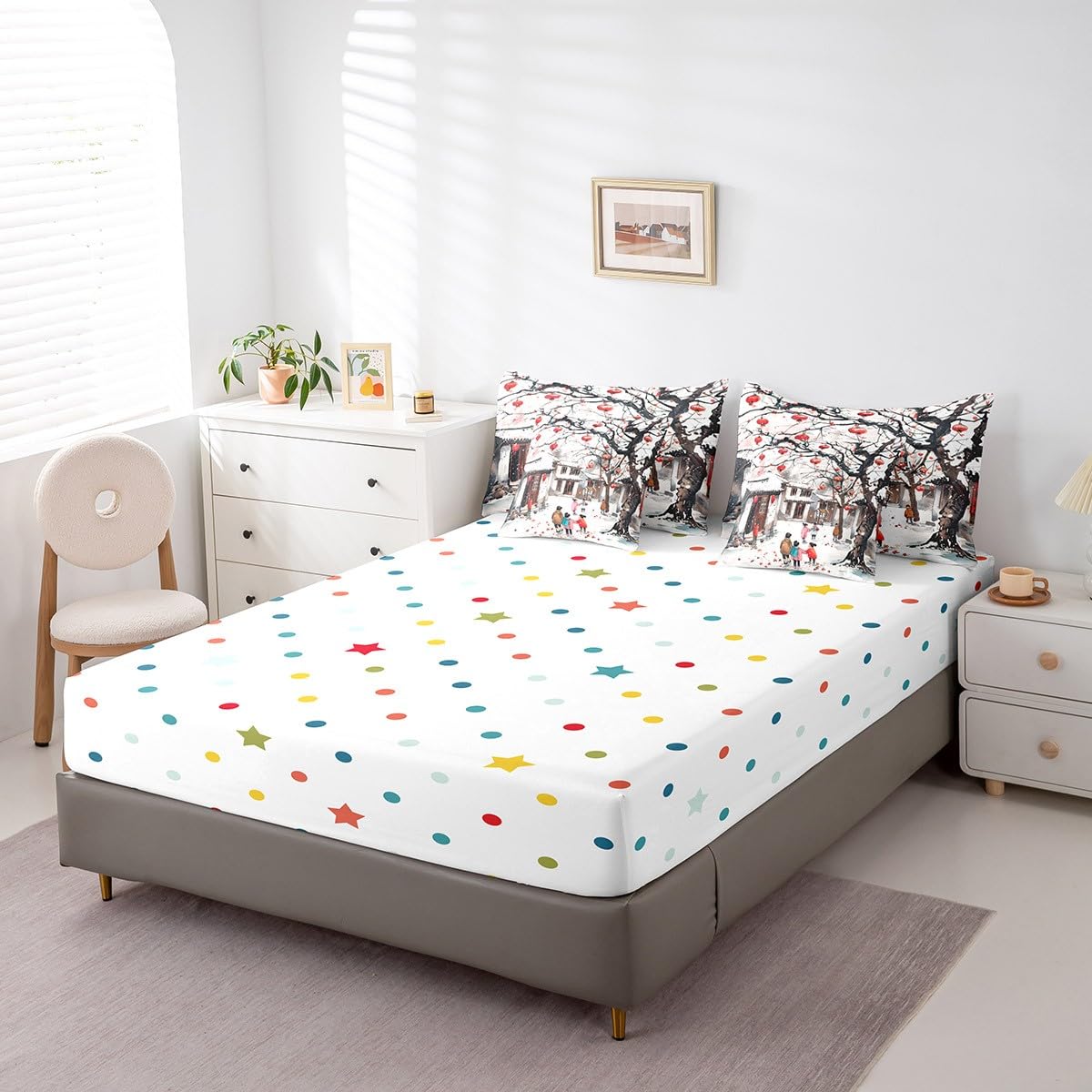 Erosebridal Festival Lantern Bedding Set King Size, Winter Trees Buildings Comforter Set, Chinese Style Kids Teens (Comforter+Fitted+Flat Sheet+2 Pillowcases+2 Throw Pillow Covers) 7 Pieces Bed Set