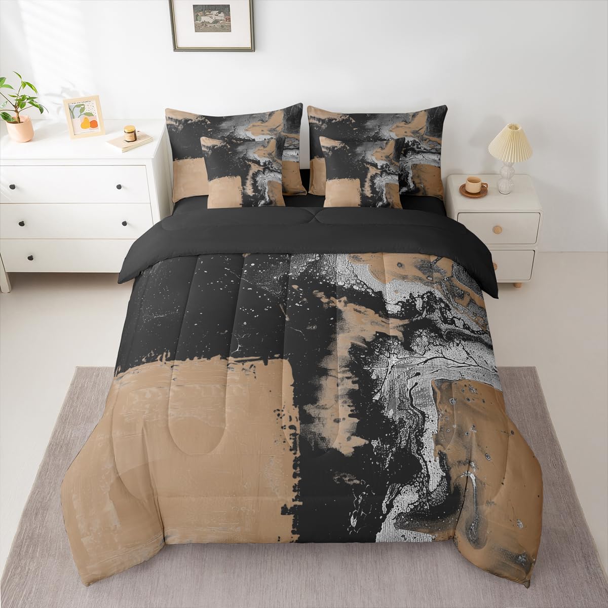 Feelyou Abstract King Comforter Set with Sheets for Kids Boys Girls Modern Abstract Art 7 Pieces Bedding Set Luxury Bed in a Bag Geometric Room Decor Brown and Balck Soft Lightweight Microfiber
