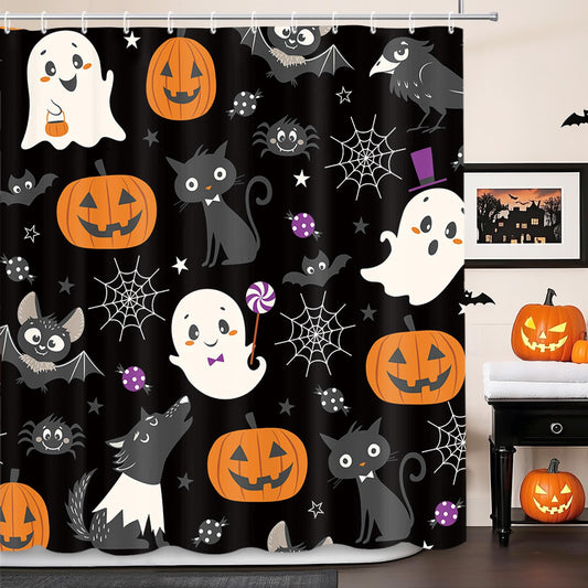 MEHOFOND Halloween Boo Shower Curtain Halloween Bathroom Curtain Skull Bat Spider Bathtubs Decor Washable Durable Polyester Fabric Bathroom Curtains 72x72 in