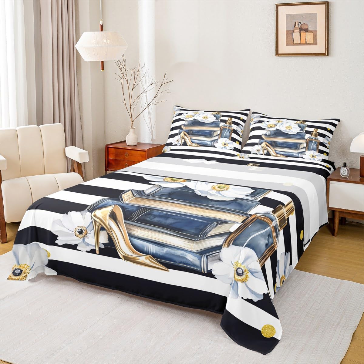 Erosebridal Modern Chic Fashion Sheet Set King Women Trendy Aesthetic Floral Bed Sheets for Girls Teens Navy Blue Watercolor Book and Perfume Sheets Boho Black and White Abstarct Striped Bedding Set