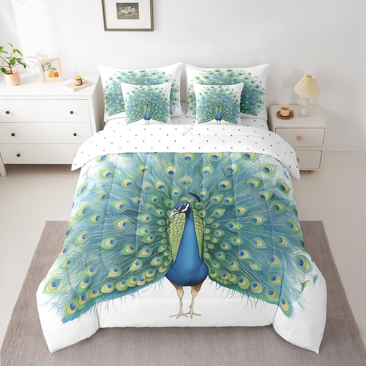 Erosebridal Peacock Comforter Set 7 Piece Bed in a Bag Twin,Watercolor Feather Bedding Sets Rustic Aesthetic Peahen Peafowl Comforter and Sheet Set,Wild Animals Bed Set