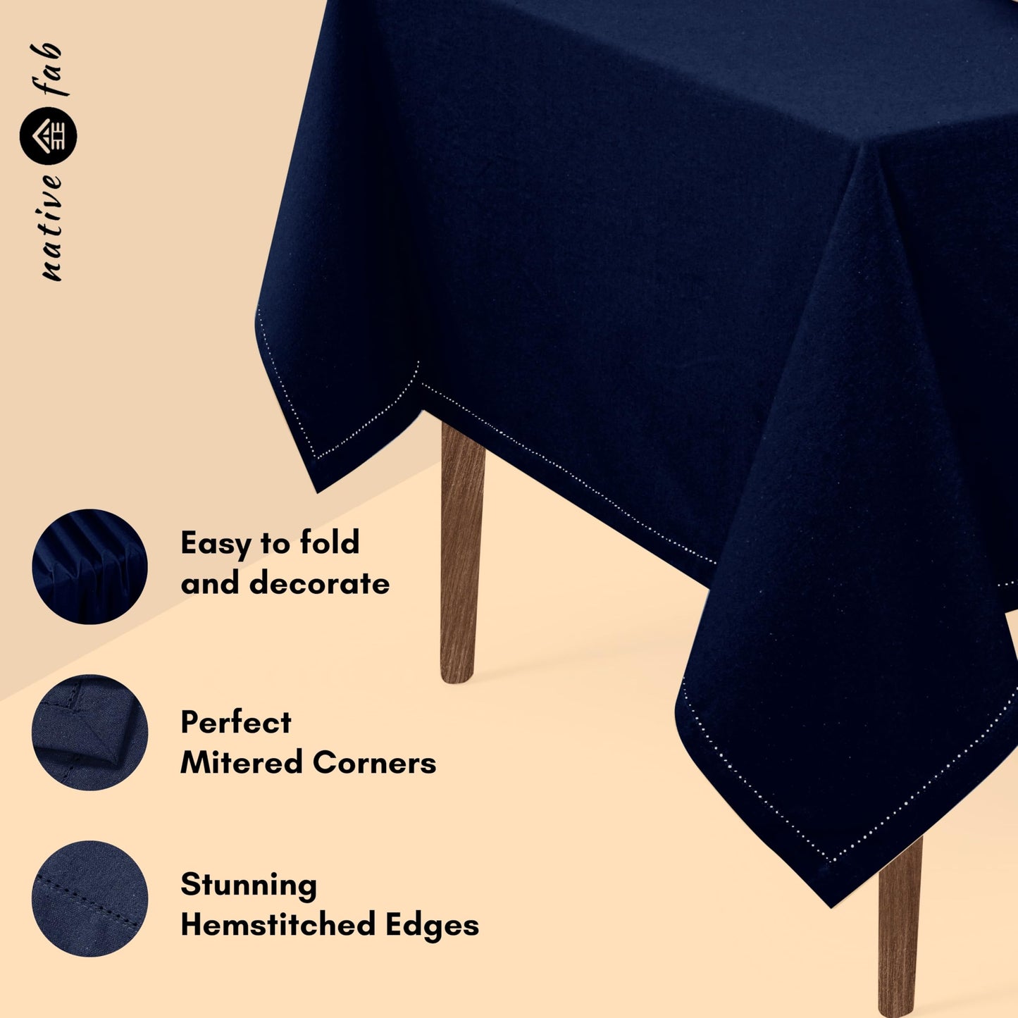 Native Fab Tablecloth 60x84 Inches - 100% Cotton, Durable, Wrinkle-Free, Machine Washable Table Cover for Dining Room, Banquets, Parties, Holiday, Events - Elegant, Easy Care, Home Décor - Navy Blue