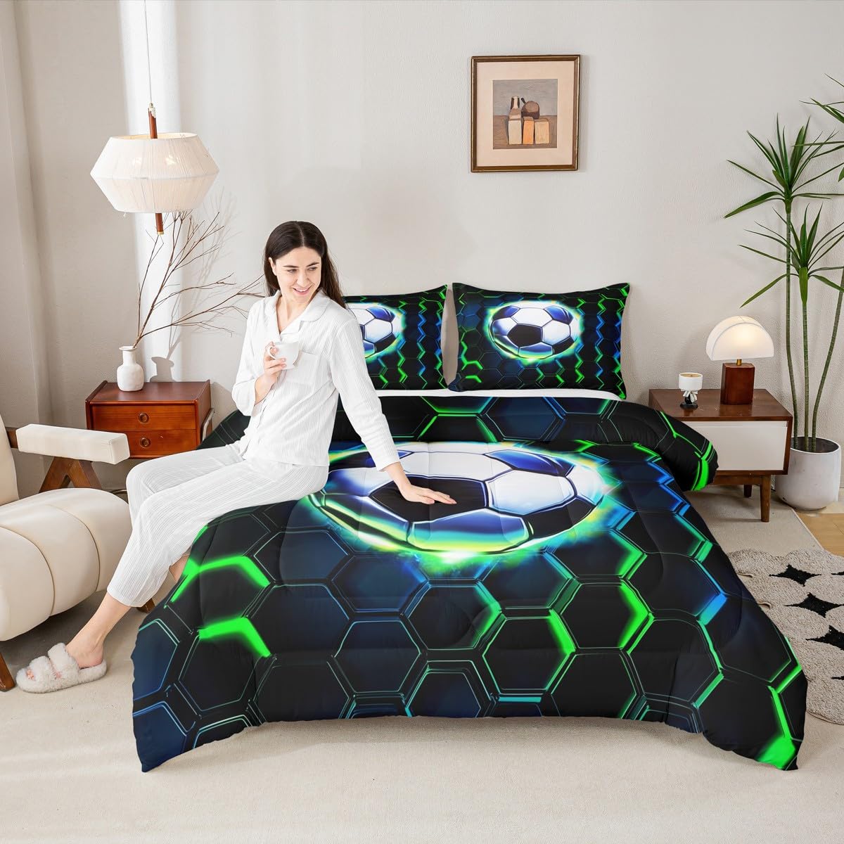 Football Kids Comforter Set Queen Size,Soccer Game Ball Sports Bedding Set,Girls Boys Room Decor,Geometric Honeycomb Hexagon Quilt Comforter,Black Green Duvet Set Bedroom Quilt Set,2 Pillowcases
