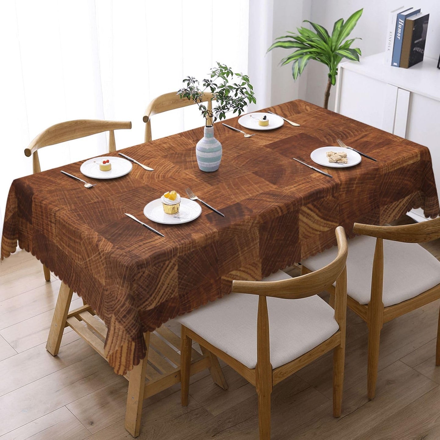 DRAVVIX Wooden Natural Texture Rectangular Tablecloth Brown Wooden Pattern Table Cloth with Wavy Lace Decoration Polyester Table Cover for Dining, Parties 54x72 inch