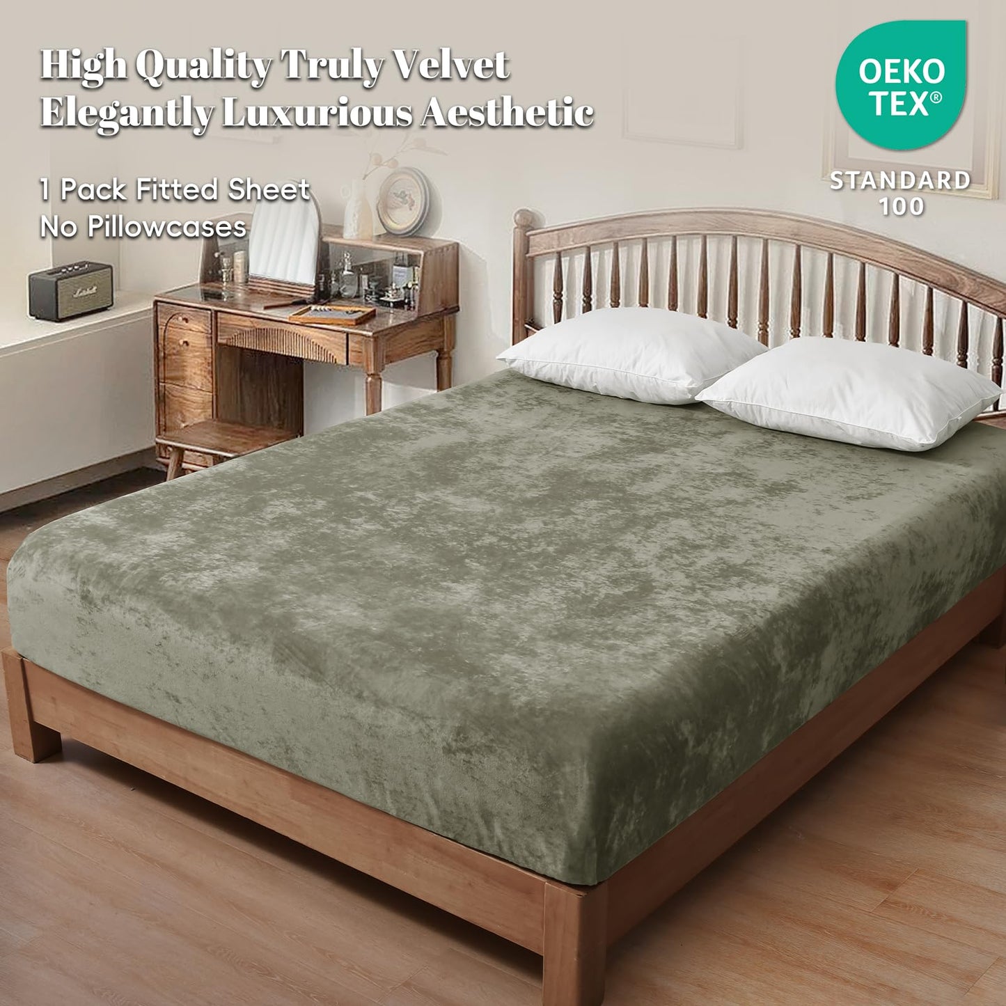 PHF Truly Velvet Fitted Sheet Only Queen Size, Luxury Super Soft Cozy Fuzzy Fleece Bottom Sheet, Deep Pocket Up to 16",Suitable for Fall Winter Spring, No Pillowcases, Smokey Olive