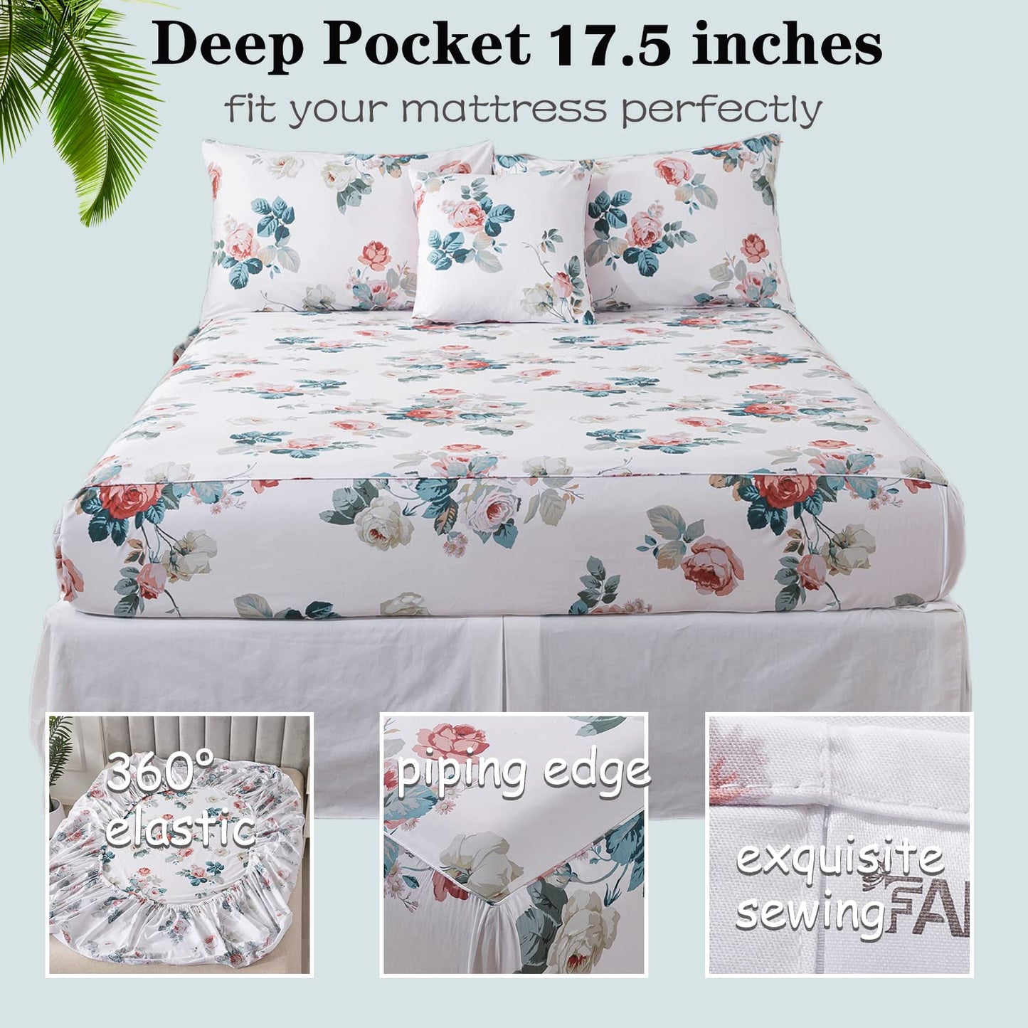FADFAY Floral Cotton Sheets Queen 100% Cotton Flower Bed Sheets Pink White Dark Blue Leaf Print Shabby Vintage Sheet Set Chic Farmhouse Bedding Soft Crisp Breathable Deep Pocket Fitted Sheet 4Pcs